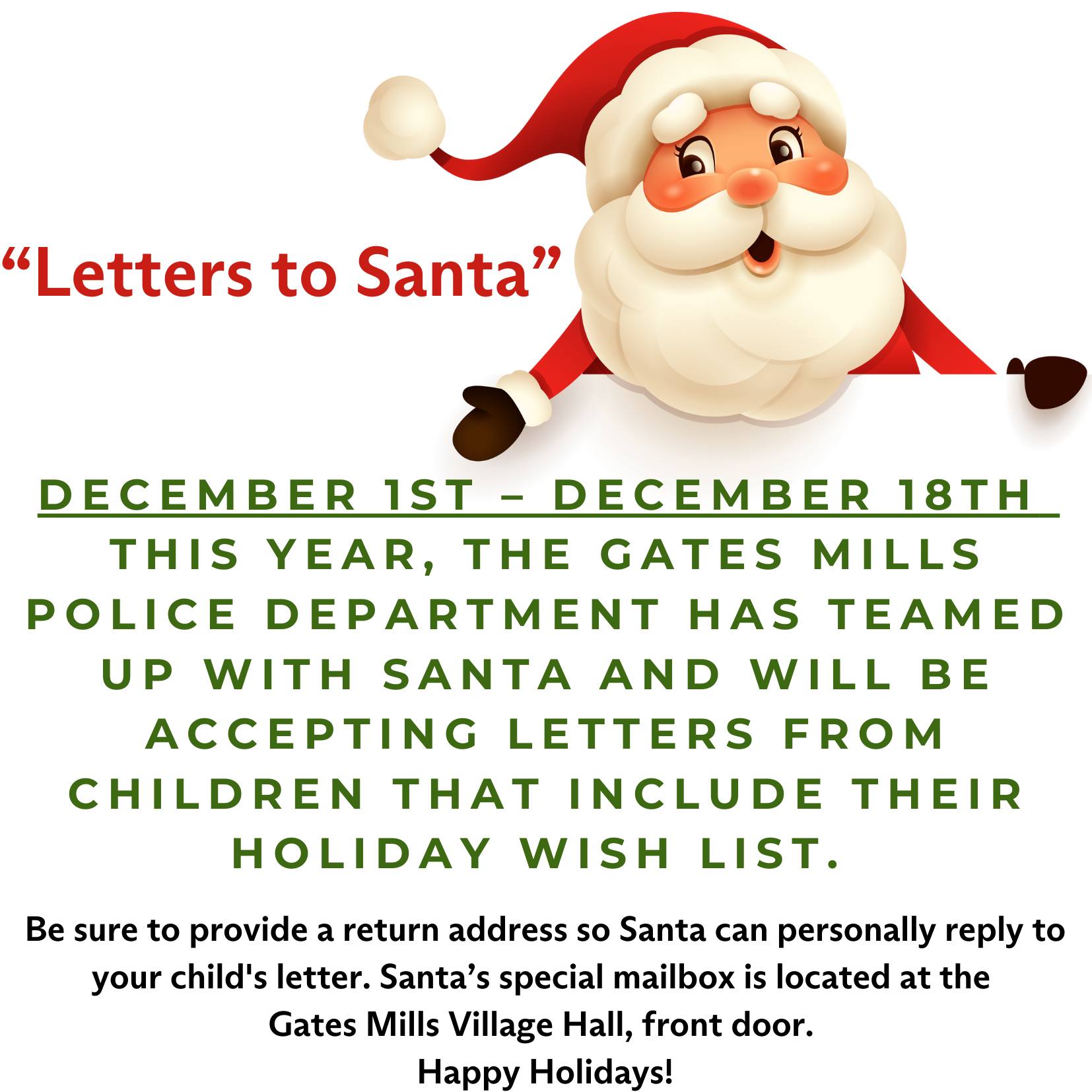 A picture of Santa, arms outstretched and the words "letters for Santa" on it.