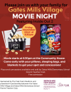 A red background advertising Gates Mills Village Movie Night depicting an open film marker on the left and the cover of the Inside Out 2 movie